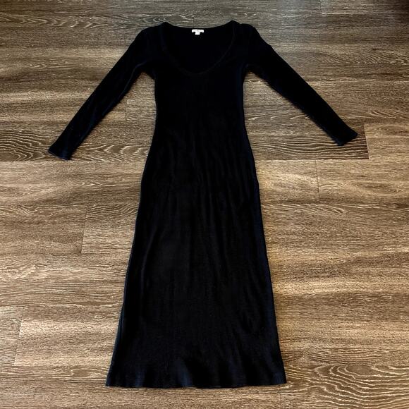 EUC James Perse Thermal Long Sleeve Maxi Dress Black Cotton Scoop Neck Rib Knit - Picture 15 of 16